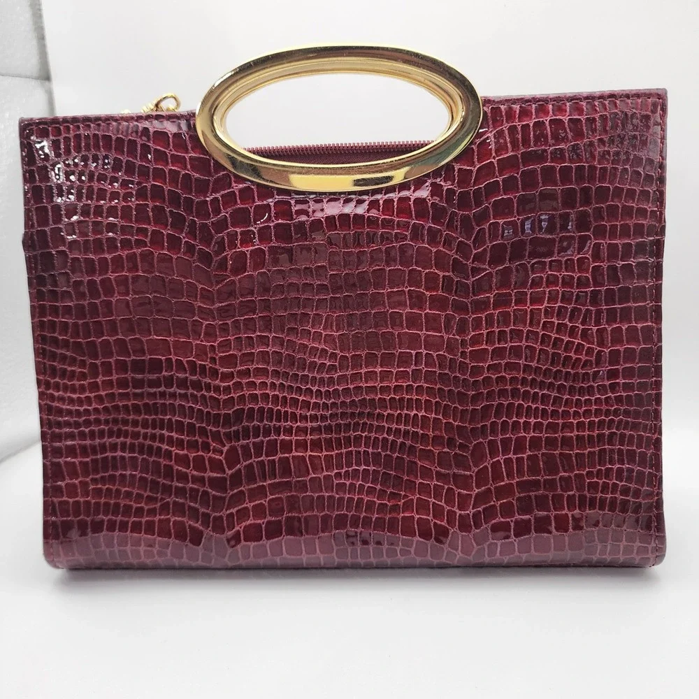 Bellini Burgundy Faux Croc Embossed Handbag Gold Metal Handle Chain Satchel